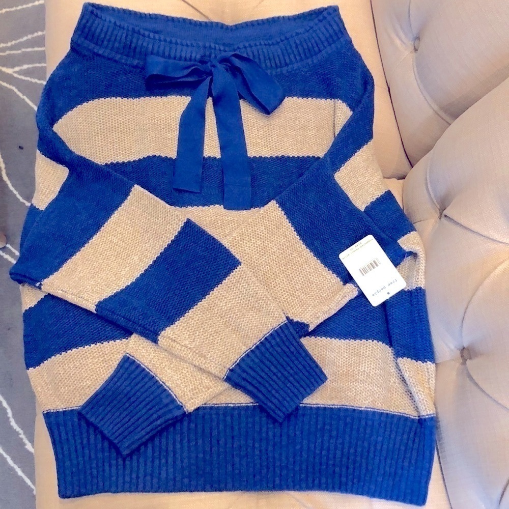 𝅺Free People Sweater M Boat Neck Cobalt/Beige  cotton Linen Bow Beach NWT